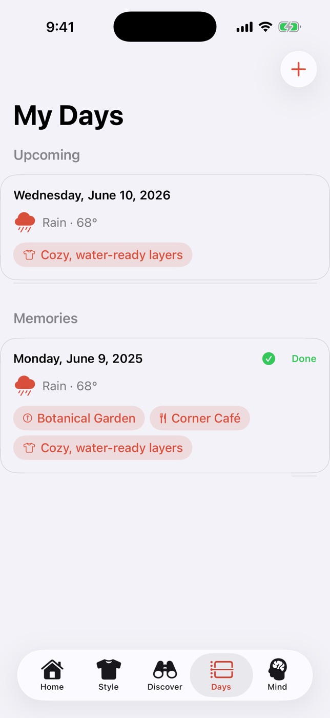 Weather Happiness app screenshot: My Days planner. Plan days around the weather. Up to 3 active — unlimited on Premium.