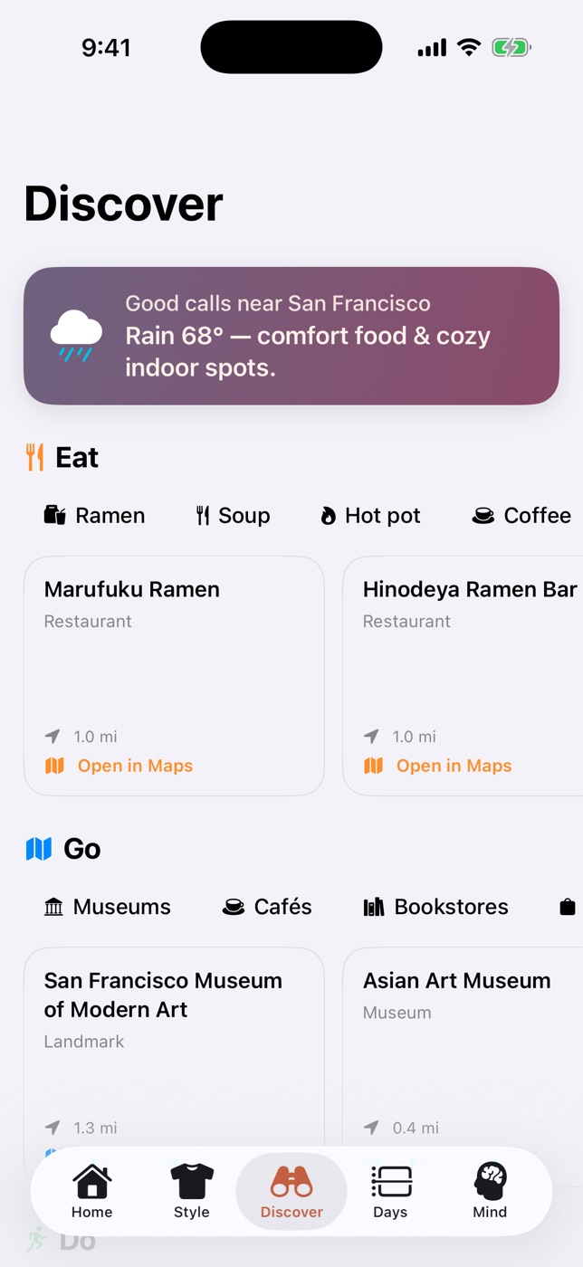 Weather Happiness app screenshot: Discover local spots. Eat, go, explore — curated to today's conditions near you.