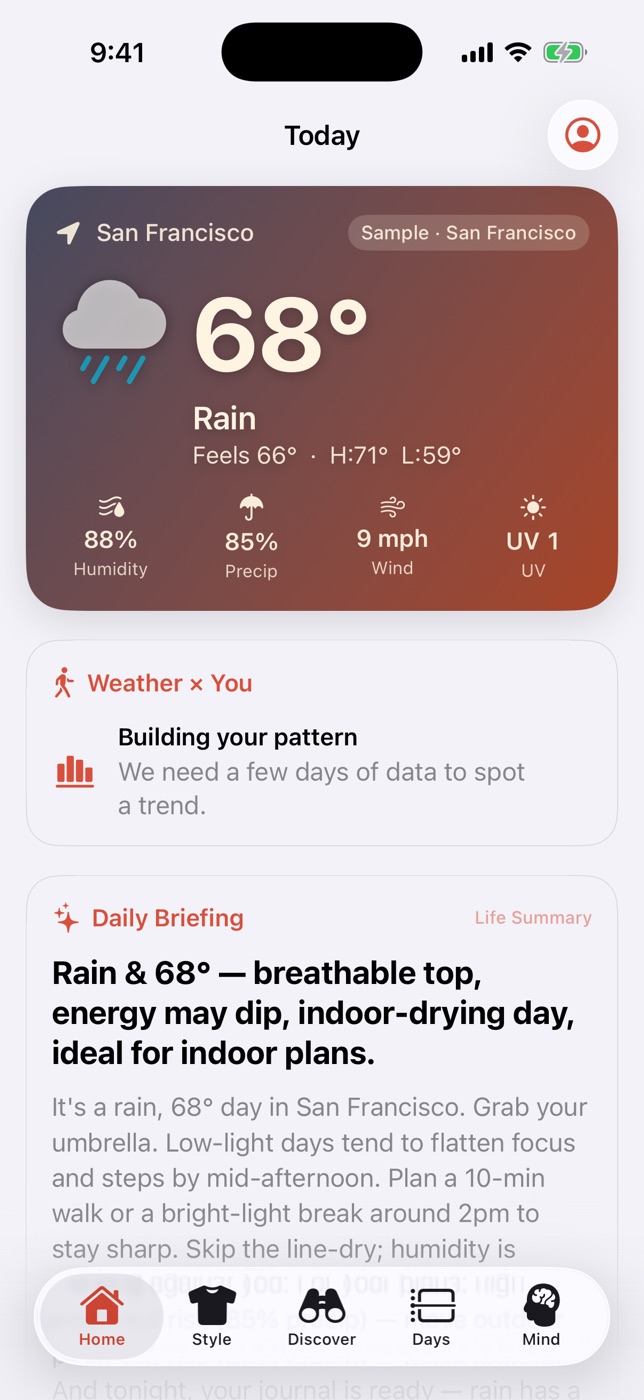 Weather Happiness app screenshot: Spirited Bathhouse theme. Lantern-lit amber warm for indoor cozy nights.