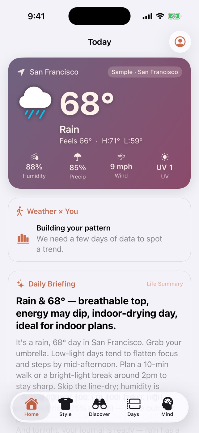 Weather Happiness app screenshot: Kiki's Dusk theme. Purple twilight for evening wind-down routines.