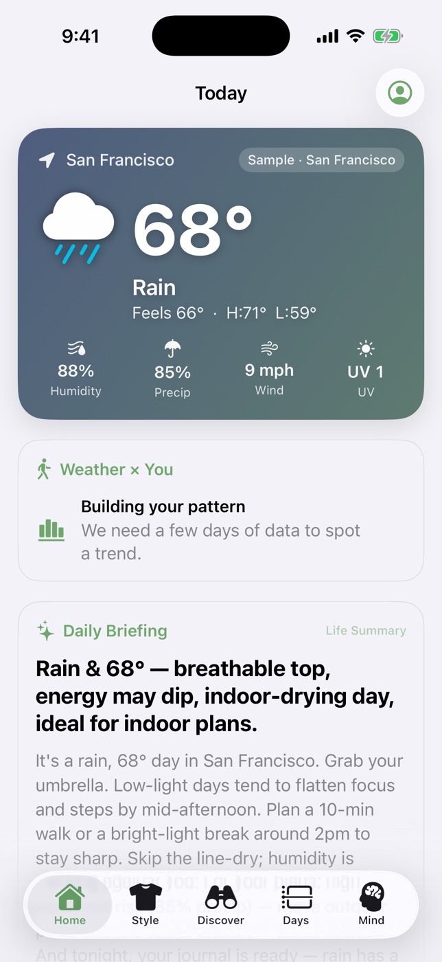 Weather Happiness app screenshot: Meadow Breeze theme. The free default — soft greens and gentle gradients.