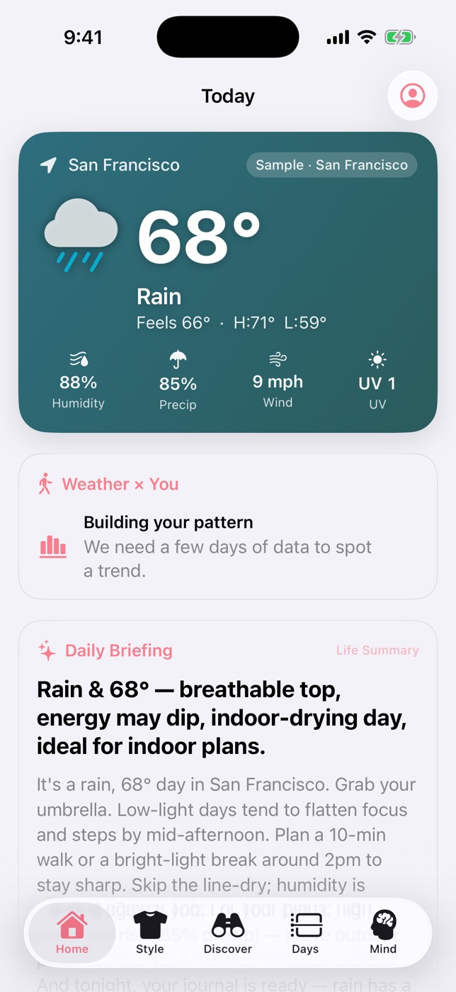Weather Happiness app screenshot: Ponyo Tide theme. Ocean blues and coral for breezy seaside energy.