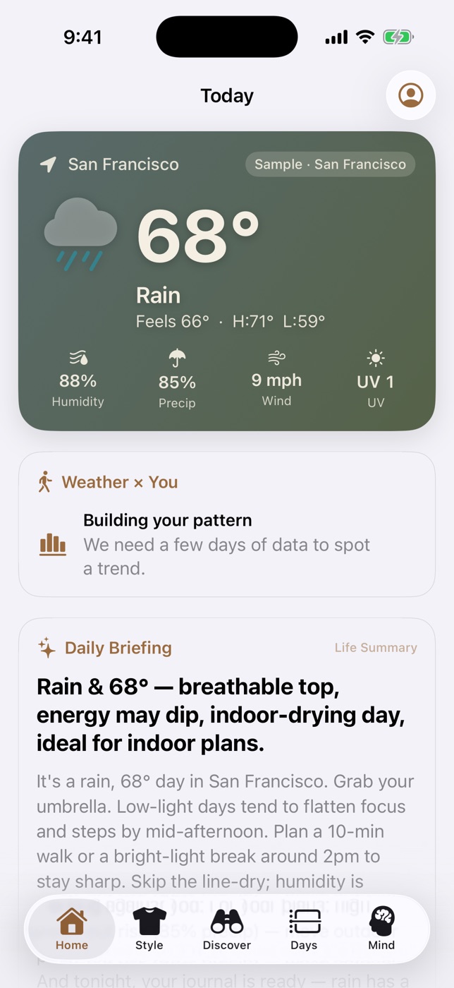 Weather Happiness app screenshot: Totoro Forest theme. Deep forest dusk tones inspired by the forest spirit.