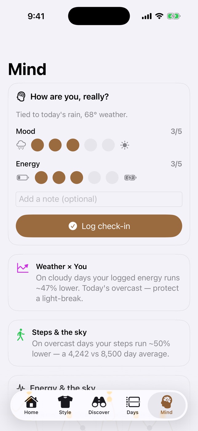 Weather Happiness app screenshot: Your weather × you insight. See how your steps and sleep track against each sky condition.