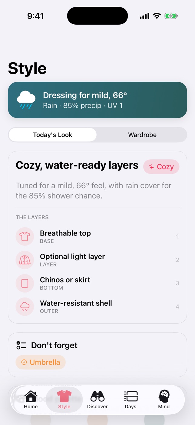 Weather Happiness app screenshot: Outfit suggestions. Dress for the actual forecast — layered, practical, cozy.